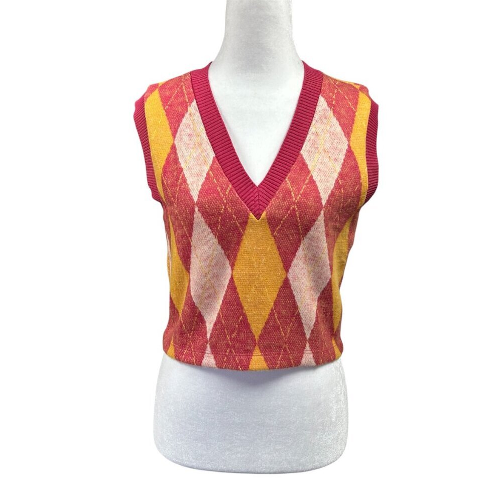 Zara Argyle V Neck Knit Sweater Vest Size S Crop Academia